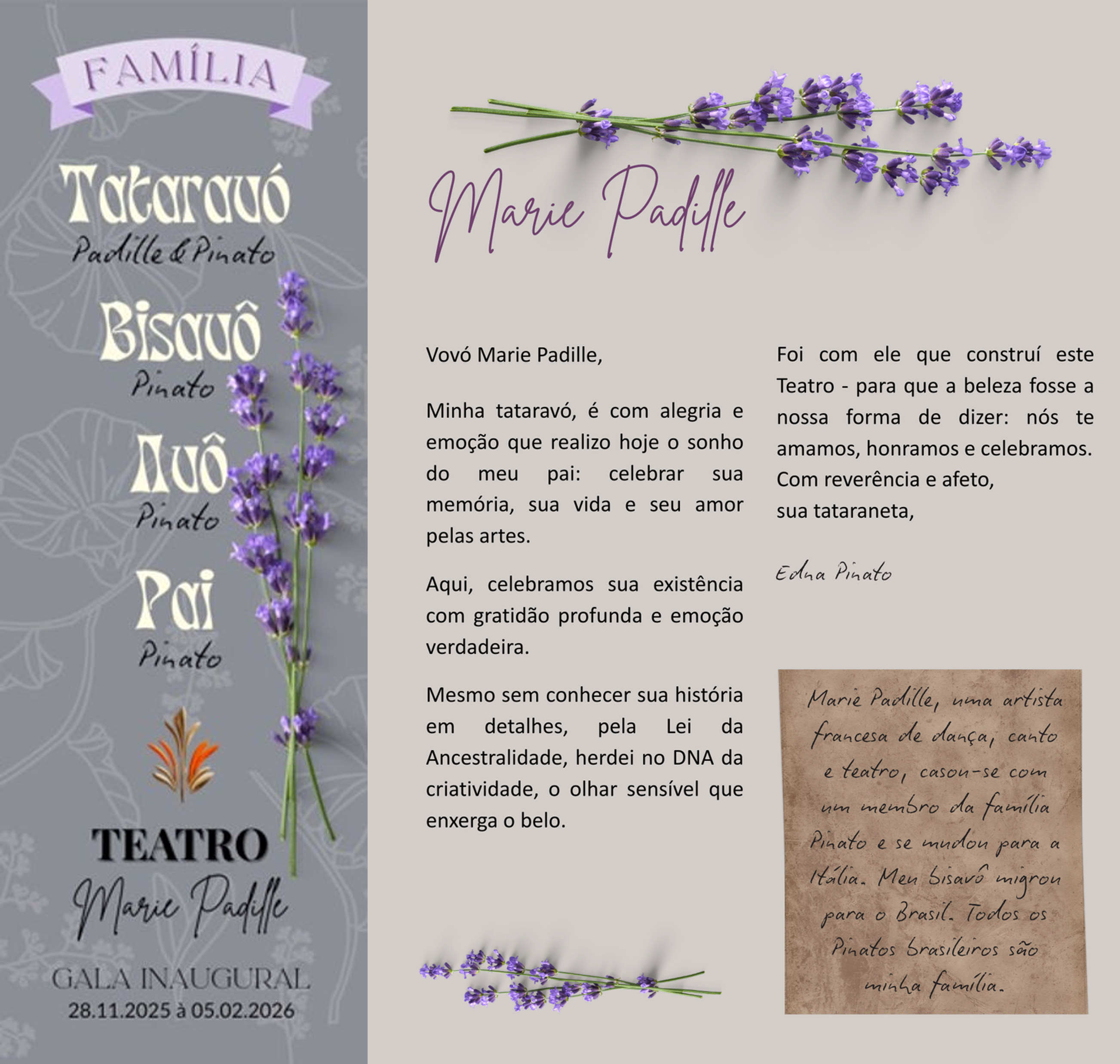 Folheto sobre Marie Padille, tataraneta de Edna Pinato, que construiu o Teatro Marie Padille em sua homenagem.